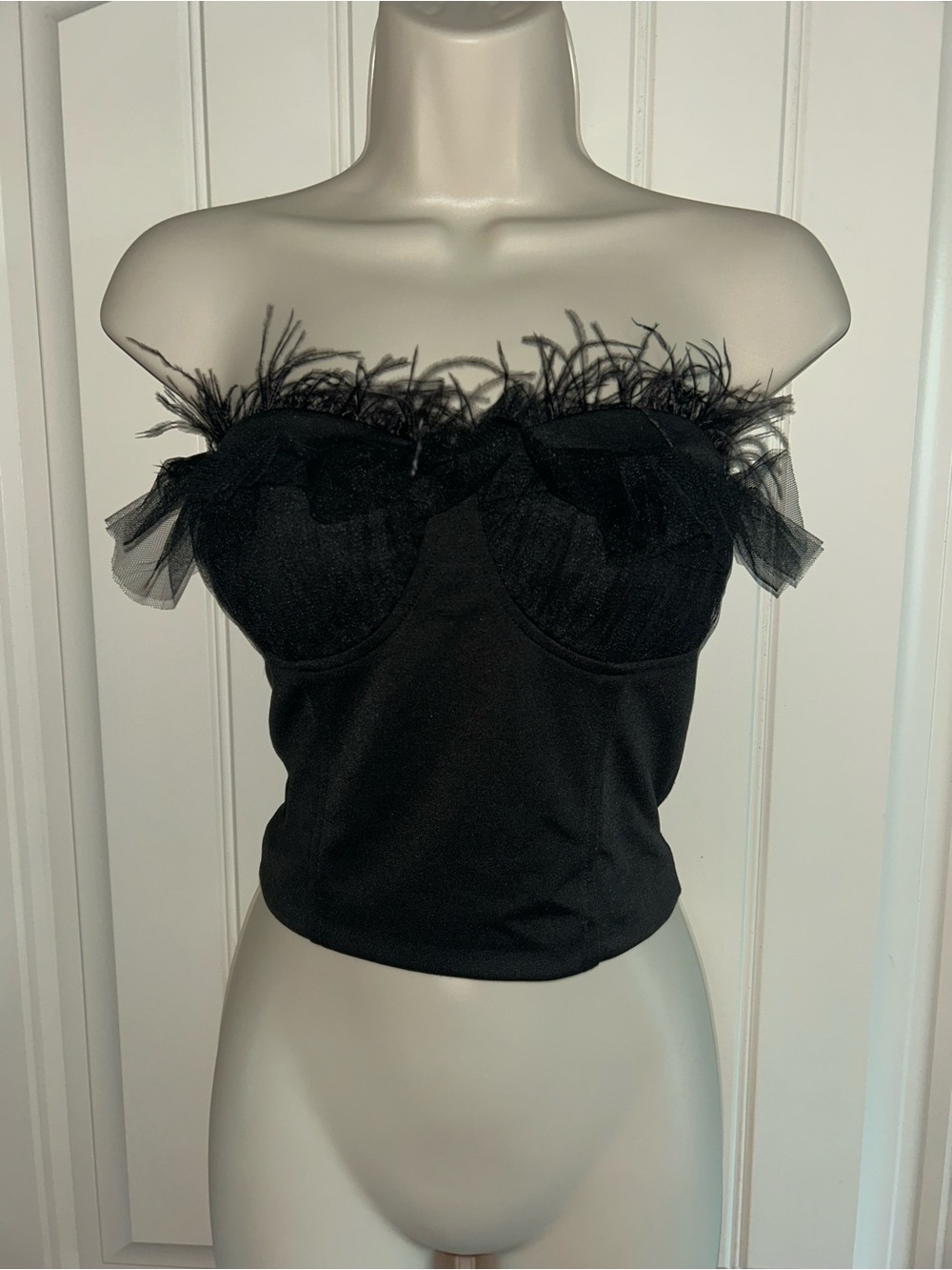 NEW Lush Strapless Feather Trim Bustier Crop Top - Black Sz S